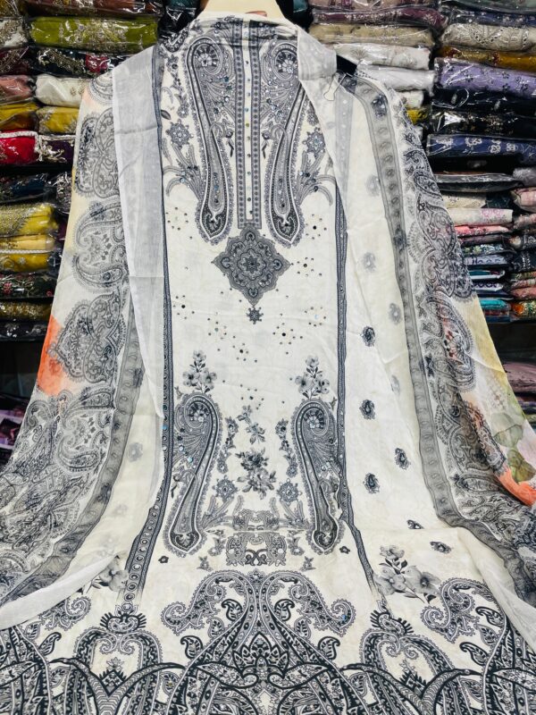 Unstitched Pakistani Muslin Suit with Mirror Work & Digital Print Chiffon Dupatta