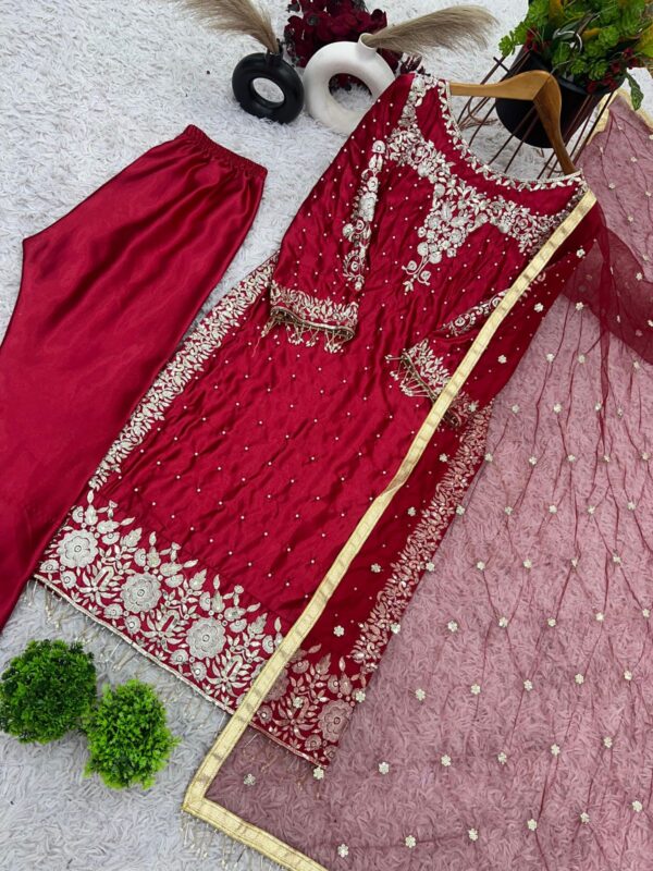 Elegant Chinnon Fabric Suit with Heavy Pearl & Sequin Work – XL, XXL