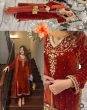 ✨ Rust Velvet Heavy Embroidered Suit Set with Patiala & Net Dupatta | M–XXL ✨ - Image 2