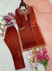 ✨ Rust Velvet Heavy Embroidered Suit Set with Patiala & Net Dupatta | M–XXL ✨ - Image 7