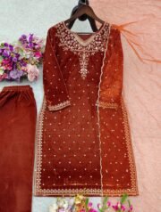 ✨ Rust Velvet Heavy Embroidered Suit Set with Patiala & Net Dupatta | M–XXL ✨ - Image 4