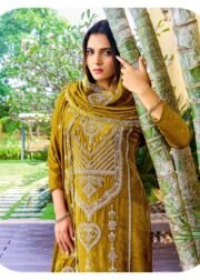 Pure Makhmal Viscose Velvet Unstitched Suit Set with Banarasi Brocade Bottom - Image 4