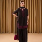 Pure Natural Crepe Readymade Suit Set with Heavy Embroidery & Farshi Palazzo – Ready to Wear