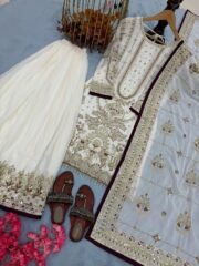 Designer Faux Georgette Embroidered Top + Crush Palazzo Set with Sequence & Rivet Moti Work (Free Shipping) - Image 2