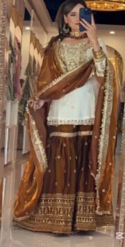 Ready-to-Wear Crepe Silk Suit with Embroidered Sharara + Designer Trendy Silk Dupatta (Free Shipping)