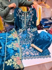 Bilqis Readymade Velvet Suit with Heavy Embroidery, Handwork Neck & Cutwork Shawl Dupatta - Image 5