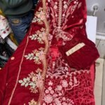 Bilqis Readymade Velvet Suit with Heavy Embroidery, Handwork Neck & Cutwork Shawl Dupatta