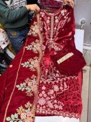 Bilqis Readymade Velvet Suit with Heavy Embroidery, Handwork Neck & Cutwork Shawl Dupatta