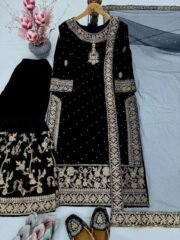 Durefishan Velvet Garara Set with Heavy Embroidery, Sequence Work & Rivet Moti Handwork - Image 2