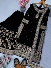 Durefishan Velvet Garara Set with Heavy Embroidery, Sequence Work & Rivet Moti Handwork - Image 6