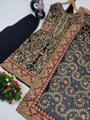 Dure Shehwaar Inspired Heavy Faux Georgette Embroidered Outfit with Palazzo & Dupatta - Image 2