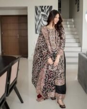 Dure Shehwaar Inspired Heavy Faux Georgette Embroidered Outfit with Palazzo & Dupatta - Image 4