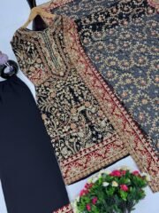 Dure Shehwaar Inspired Heavy Faux Georgette Embroidered Outfit with Palazzo & Dupatta - Image 5