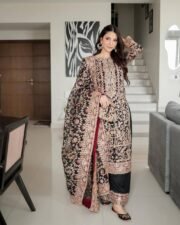 Dure Shehwaar Inspired Heavy Faux Georgette Embroidered Outfit with Palazzo & Dupatta - Image 3