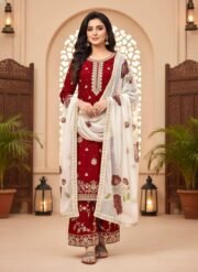 Pure Fendi Silk Embroidered Suit Set with Palazzo & Digital Print Tabby Silk Dupatta (Free Shipping)