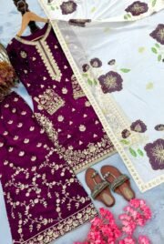Pure Fendi Silk Embroidered Suit Set with Palazzo & Digital Print Tabby Silk Dupatta (Free Shipping) - Image 12