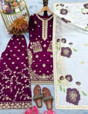 Pure Fendi Silk Embroidered Suit Set with Palazzo & Digital Print Tabby Silk Dupatta (Free Shipping) - Image 13