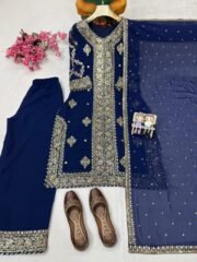 Blue Shurug Style Heavy Georgette Suit Set with 5mm Sequins & Zari Embroidery (Ready to Wear) - Image 4