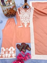 Pure Dull Satin Silk Embroidered Suit Set with Palazzo & Matching Dupatta – Ready to Wear - Image 5