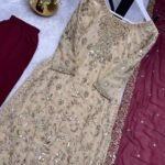 Two Tone Trendy Silk Kurti with Contrast Palazzo & Georgette Dupatta – Heavy Embroidered Party Wear (Free Shipping)