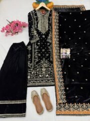 Trending Black Velvet Suit with Heavy Resham Work Shawl – Ready to Wear (Free Shipping) - Image 2