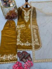 Mustard Jimmy Choo Embroidered Suit Set with Diamond & Moti Handwork + Butterfly Net Dupatta