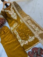 Mustard Jimmy Choo Embroidered Suit Set with Diamond & Moti Handwork + Butterfly Net Dupatta - Image 5