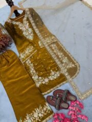 Mustard Jimmy Choo Embroidered Suit Set with Diamond & Moti Handwork + Butterfly Net Dupatta - Image 3