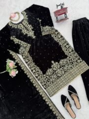 Non-Catalogue Velvet Pakistani Outfit with Heavy Coding, Sequence & Rivet Moti Work – Ready to Wear