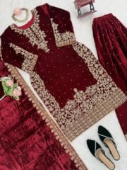 Non-Catalogue Velvet Pakistani Outfit with Heavy Coding, Sequence & Rivet Moti Work – Ready to Wear - Image 3
