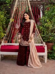 Durefishan Red Velvet Suit Set with Heavy Embroidery, Coding Sequence & Rivet Moti Handwork - Image 2