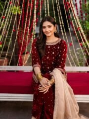 Durefishan Red Velvet Suit Set with Heavy Embroidery, Coding Sequence & Rivet Moti Handwork