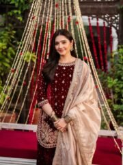 Durefishan Red Velvet Suit Set with Heavy Embroidery, Coding Sequence & Rivet Moti Handwork - Image 8