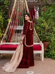 Durefishan Red Velvet Suit Set with Heavy Embroidery, Coding Sequence & Rivet Moti Handwork - Image 7