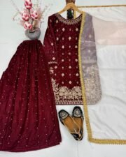 Durefishan Red Velvet Suit Set with Heavy Embroidery, Coding Sequence & Rivet Moti Handwork - Image 3