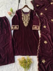 Velvet Embroidered Suit Set with Palazzo & Dupatta – Ready to Wear - Image 6