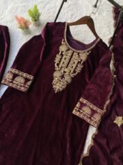Velvet Embroidered Suit Set with Palazzo & Dupatta – Ready to Wear - Image 3