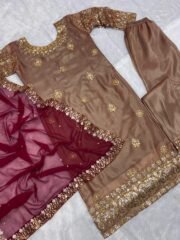 Golden Jimmy Choo Silk Kurti Set with Embroidered Bottom & Georgette Dupatta – Ready to Wear (Free Shipping) - Image 3
