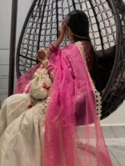 Contrast Garara / Palazzo Suit Set in Crunchy Silk with Heavy Embroidery & Butterfly Net Dupatta - Image 9