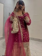 Contrast Garara / Palazzo Suit Set in Crunchy Silk with Heavy Embroidery & Butterfly Net Dupatta