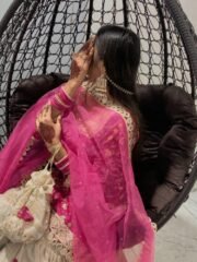 Contrast Garara / Palazzo Suit Set in Crunchy Silk with Heavy Embroidery & Butterfly Net Dupatta - Image 7