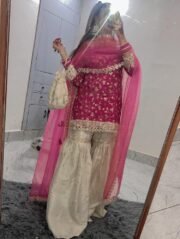 Contrast Garara / Palazzo Suit Set in Crunchy Silk with Heavy Embroidery & Butterfly Net Dupatta - Image 4