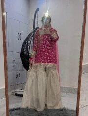 Contrast Garara / Palazzo Suit Set in Crunchy Silk with Heavy Embroidery & Butterfly Net Dupatta - Image 3