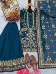 Laiba Khan Blue Designer Outfit in Heavy Faux Georgette with 5mm Sequence, Rivet Moti Work & Crush Palazzo - Image 6