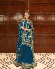 Laiba Khan Blue Designer Outfit in Heavy Faux Georgette with 5mm Sequence, Rivet Moti Work & Crush Palazzo - Image 5