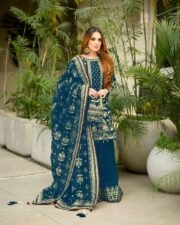 Laiba Khan Blue Designer Outfit in Heavy Faux Georgette with 5mm Sequence, Rivet Moti Work & Crush Palazzo
