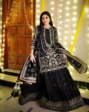 Heavy Faux Georgette Embroidered Suit Set with Khajuri Crush Palazzo & Lace Dupatta – New Colours (Free Shipping)