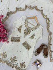 Heavy Chinnon Silk Embroidered Kurti Palazzo Set with Georgette Dupatta – Ready to Wear (Free Shipping) - Image 4