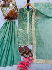 Pure Fendi Silk Embroidered Suit Set with Palazzo & Lace Dupatta – Ready to Wear (Free Shipping) - Image 3