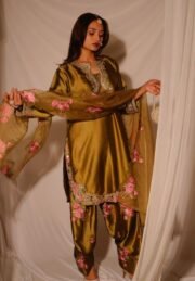 Golden Farshi Salwar Suit Set in Heavy Japan Satin with Embroidery & Organza Silk Dupatta – Ready to Wear - Image 2